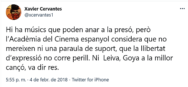 Hi ha músics que poden anar a la presó, però l’Acadèmia del Cinema espanyol considera que no mereixen ni una paraula de suport, que la llibertat d’expressió no corre perill. Ni  Leiva, Goya a la millor cançó, va dir res. @xcervantes1