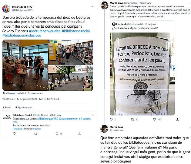 Captura de tuits recents de les Biblioteques de Vilanova i la Geltrú @BibliotequesVNG i la bibliotecària Marta Cava @martacava
