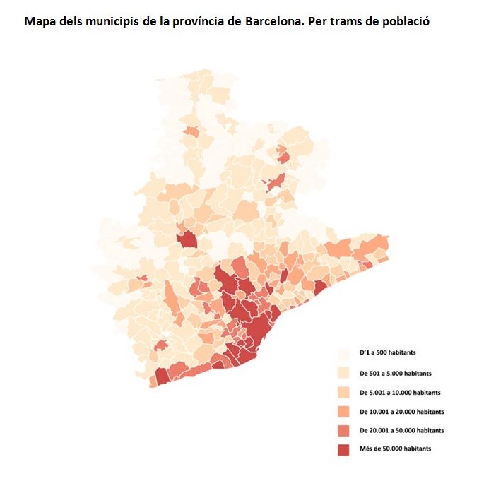 Mapa dels municipis de la província de Barcelona. Per trams de població