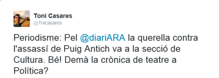  Pel @diariARA la querella contra l'assassí de Puig Antich va a la secció de Cultura. Bé! Demà la crònica de teatre a Política? @Tnicasares