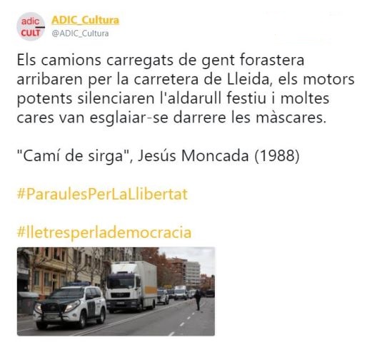 Els camions carregats de gent forastera arribaren per la carretera de Lleida, els motors potents silenciaren l'aldarull festiu i moltes cares van esglaiar-se darrere les màscares @ADIC_Cultura
